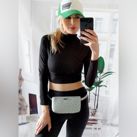 Michael kors signature jacquard belt bag/fanny pack stripe leather logo L/XL - Picture 10 of 10